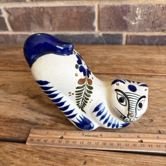 Vtg Tonala Mexican Pottery Cat Figurine Hand Painted Stretching Pose 5.25" - Picture 10 of 12
